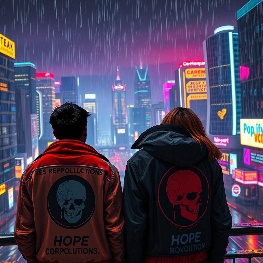A striking night cityscape drenched in rain, embodying a vibrant cyberpunk atmosphere with bright neon lights reflecting off the wet surfaces