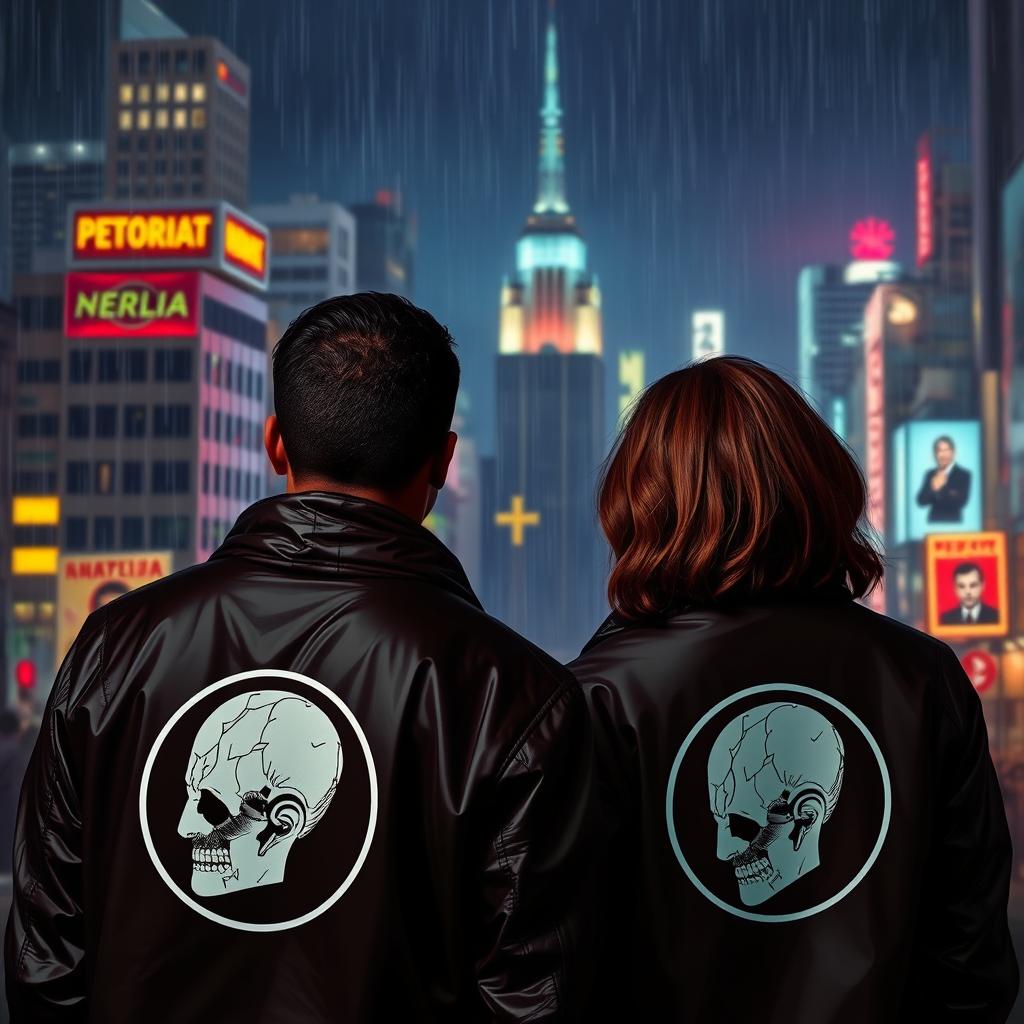 On the cover, a biracial man of African and European descent and a German woman with brown hair stand side by side, gazing out over a rain-soaked, neon-lit cityscape at night