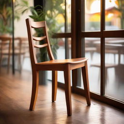 A beautifully crafted teak wood chair placed in a charming cafe, with the warm, vibrant hues of sunset spilling through the window and highlighting the rich wood grains.