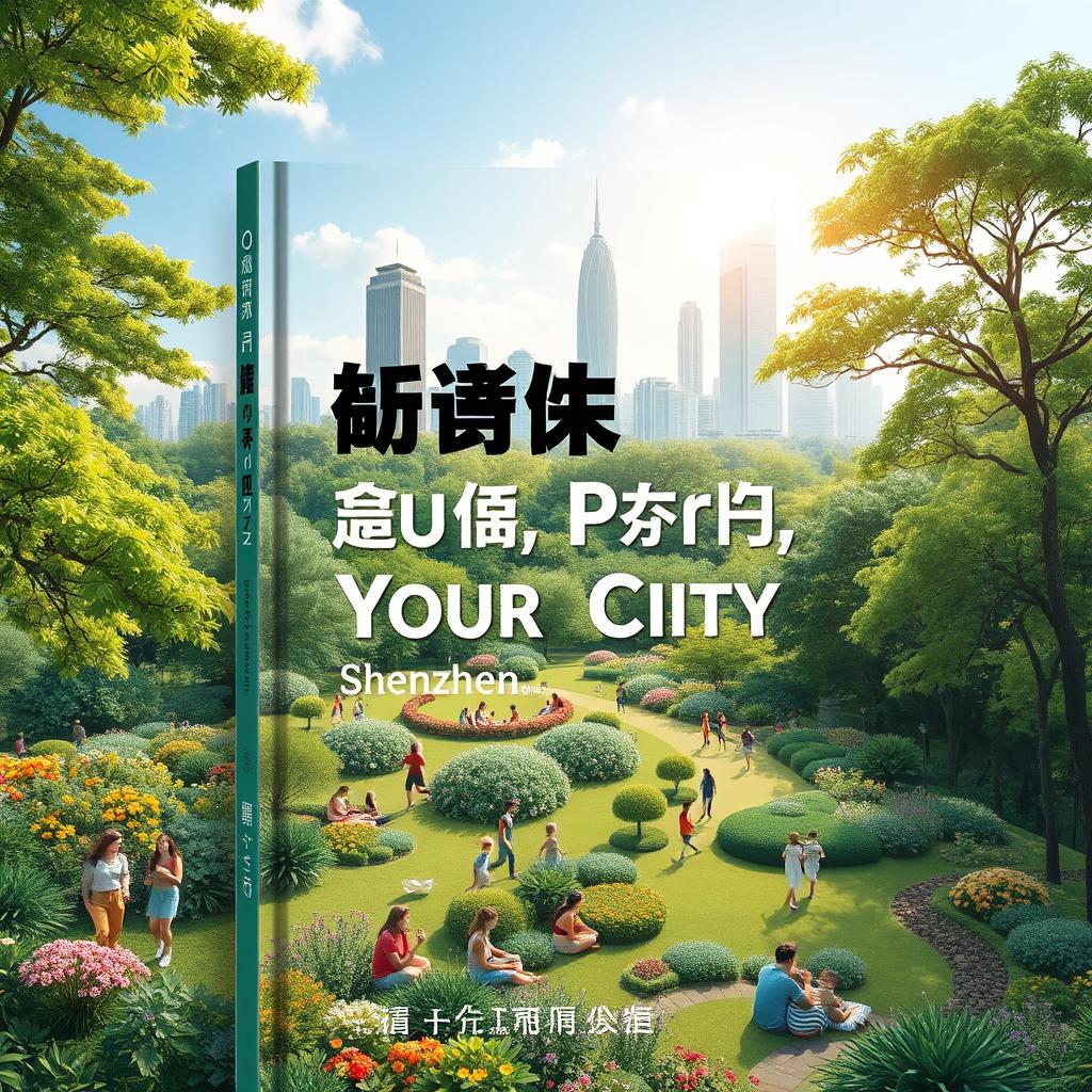 A captivating book cover design for 'Our Park, Our City', featuring a lush and vibrant city park filled with diverse flora, families enjoying the outdoors, and people engaged in various activities like jogging, picnicking, and relaxing