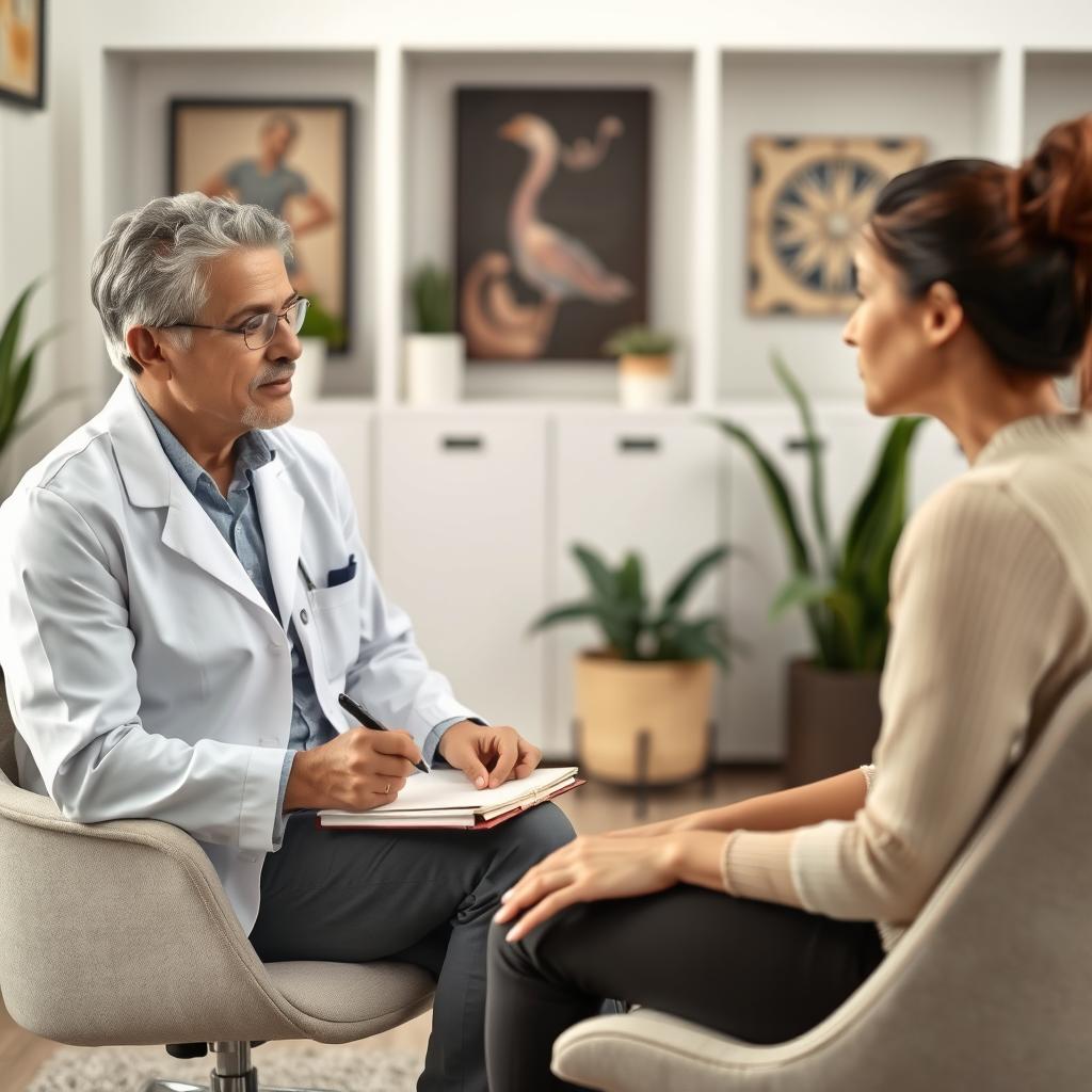 A clinical psychologist attentively listening to a patient during a therapy session