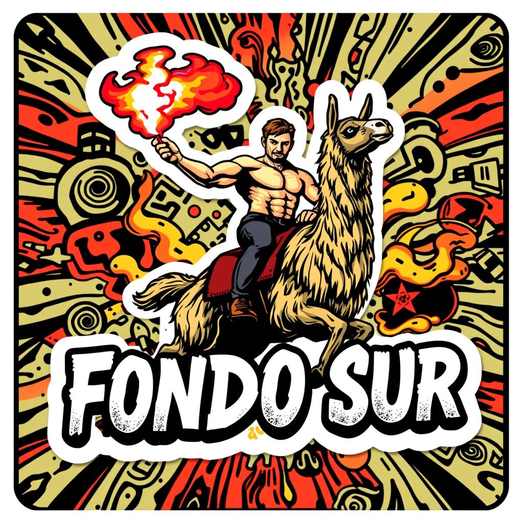 A rectangular sticker design measuring 2x3 inches that is extremely aggressive in style, featuring the bold text 'Fondo Sur' prominently displayed