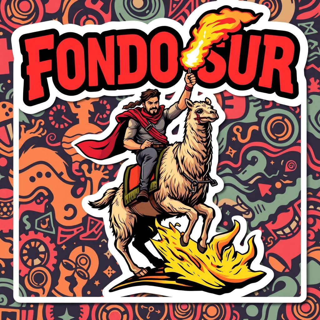 A rectangular sticker design measuring 2x3 inches that is extremely aggressive in style, featuring the text 'Fondo Sur' in bold, eye-catching typography