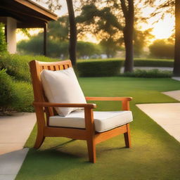 An aesthetically pleasing teak wood chair situated in a lush backyard at sunset time, bathed in the golden glow of the setting sun.