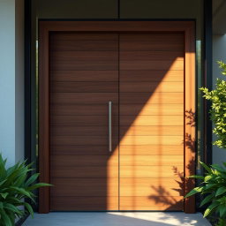 A beautifully designed horizontal planks door, made from rich, dark wood with a smooth finish