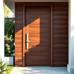 A beautifully designed horizontal planks door, made from rich, dark wood with a smooth finish