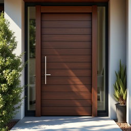 A beautifully designed horizontal planks door, made from rich, dark wood with a smooth finish