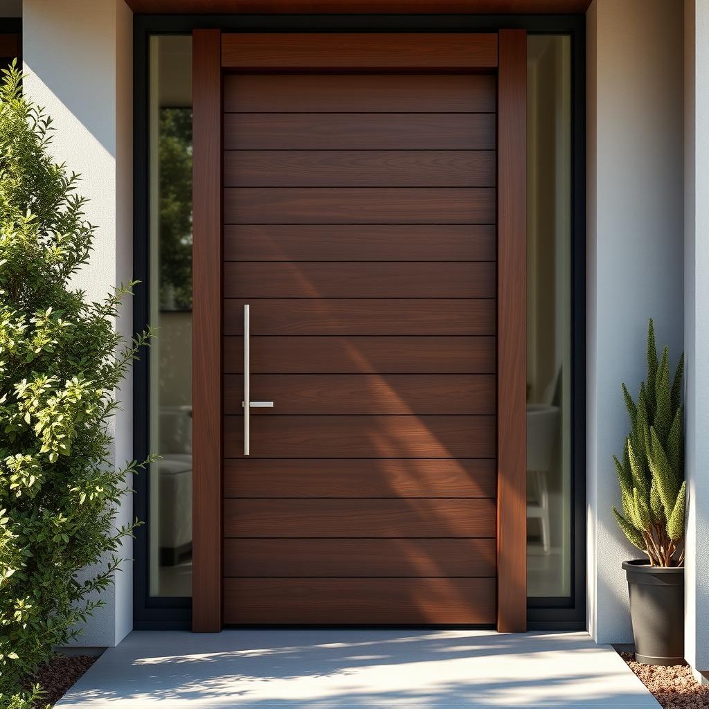 A beautifully designed horizontal planks door, made from rich, dark wood with a smooth finish