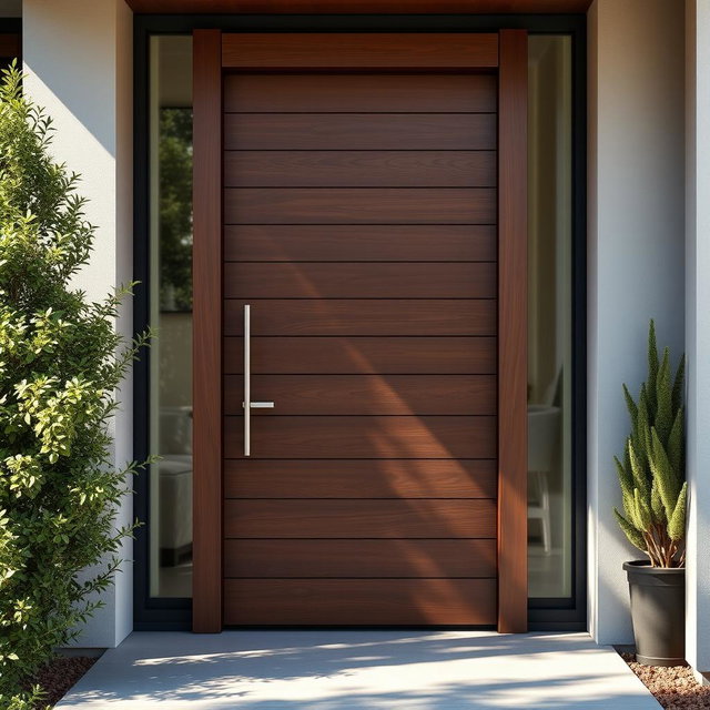 A beautifully designed horizontal planks door, made from rich, dark wood with a smooth finish