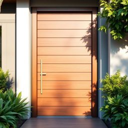 A beautifully designed horizontal planks door, made from rich, dark wood with a smooth finish