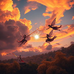 An epic scene of an imperial sword competition taking place at dusk, where three graceful sword fairies are soaring through the air, their elegant movements creating a mesmerizing dance