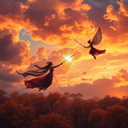 An epic scene of an imperial sword competition taking place at dusk, where three graceful sword fairies are soaring through the air, their elegant movements creating a mesmerizing dance