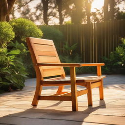 An aesthetically pleasing teak wood chair situated in a lush backyard at sunset time, bathed in the golden glow of the setting sun.