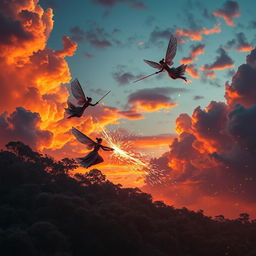 An epic scene of an imperial sword competition taking place at dusk, where three graceful sword fairies are soaring through the air, their elegant movements creating a mesmerizing dance
