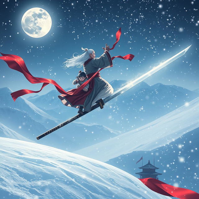 A captivating scene depicting the teaching of imperial swordsmanship on a snowy night