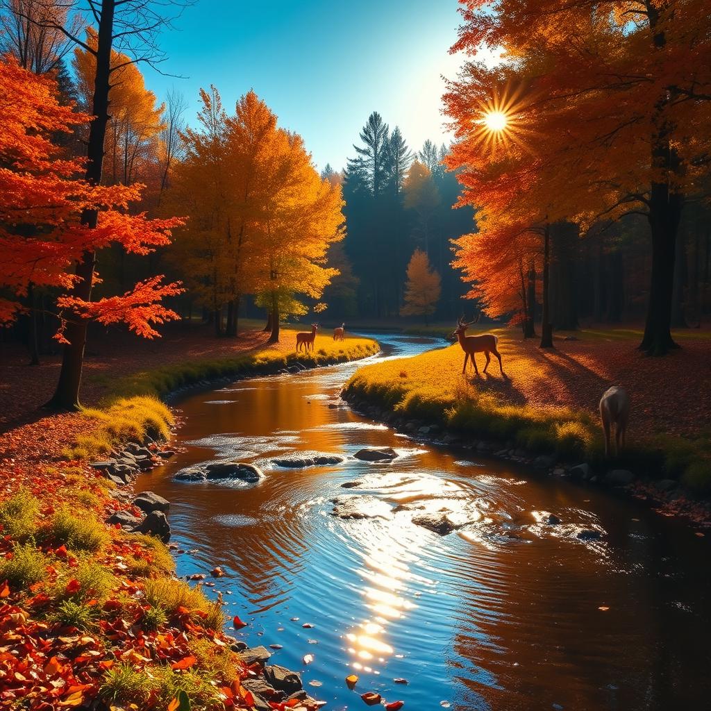 A serene forest landscape during autumn, showcasing a tranquil stream winding through vibrant orange, yellow, and red foliage