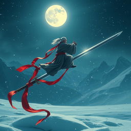 A mesmerizing teaching scene of imperial swordsmanship unfolding on a snowy night