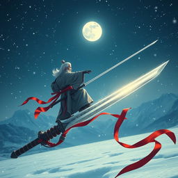 A mesmerizing teaching scene of imperial swordsmanship unfolding on a snowy night