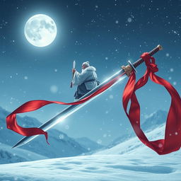 A mesmerizing teaching scene of imperial swordsmanship unfolding on a snowy night