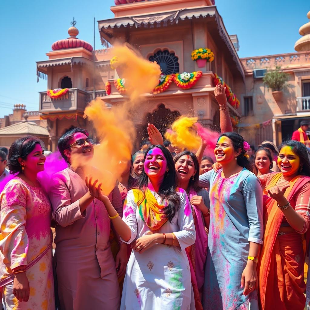 A vibrant and colorful scene of the Holi festival, featuring people joyfully throwing colored powders (gulal) into the air and at each other