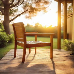 An aesthetically pleasing teak wood chair situated in a lush backyard at sunset time, bathed in the golden glow of the setting sun.