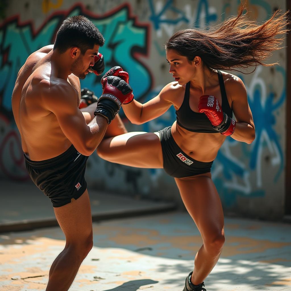 An intense and dynamic scene showcasing a fierce mix fight between two athletes in a vibrant urban environment