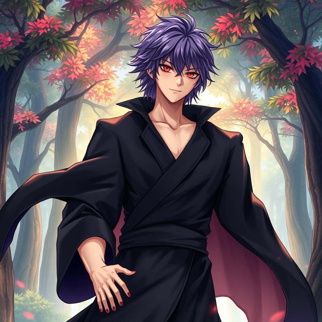 A light novel cover featuring a tall adult male character with shaggy purple hair and striking crimson eyes