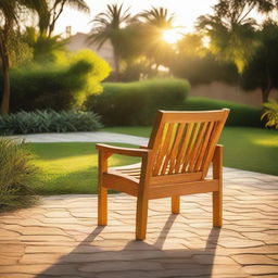 An aesthetically pleasing teak wood chair situated in a lush backyard at sunset time, bathed in the golden glow of the setting sun.