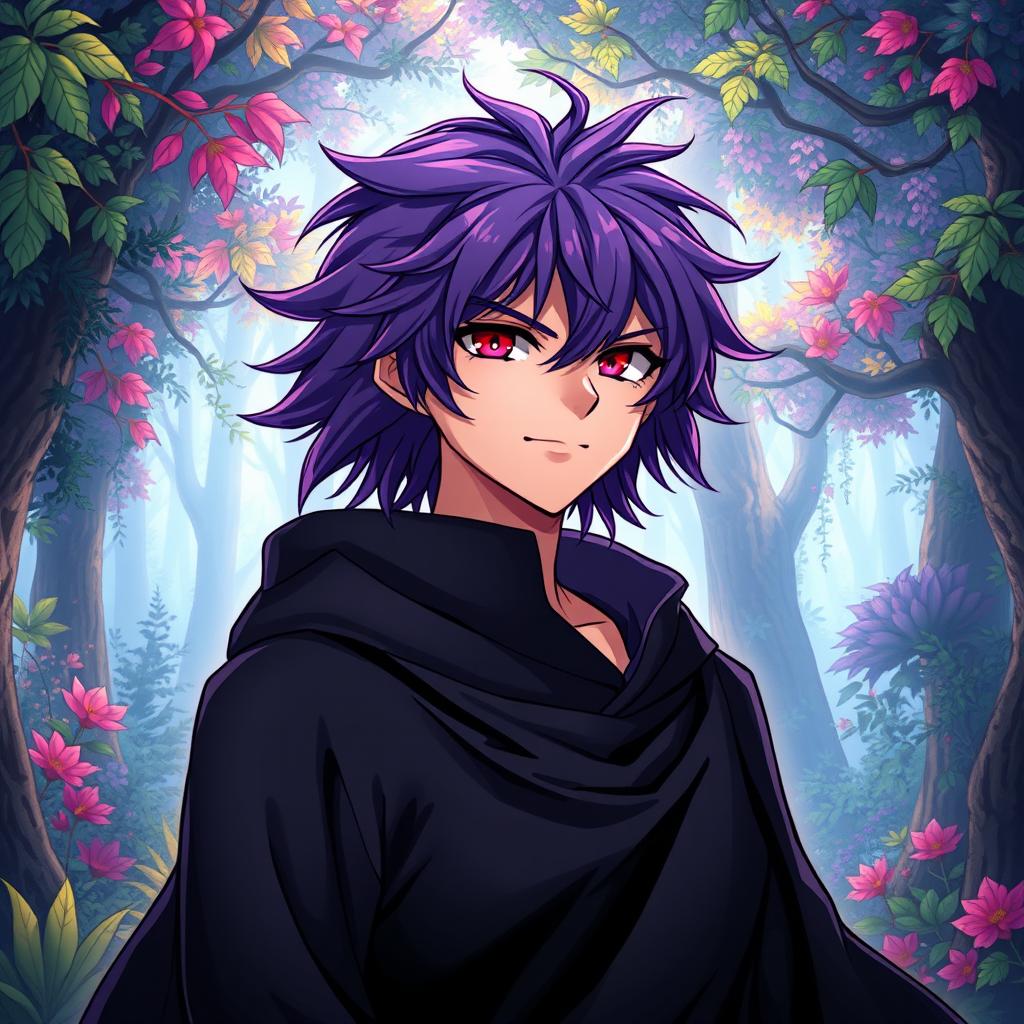 A light novel cover featuring a tall adult male character with shaggy purple hair and striking crimson eyes, dressed in a flowing black robe