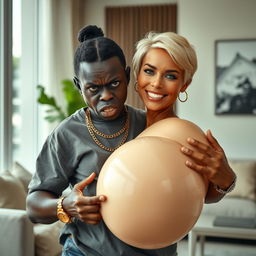 In a beautifully modern room, a 20-year-old young African woman, depicted as a short and malnourished dwarf, has very dark skin and an angry expression