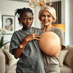 In a beautifully modern room, a 20-year-old young African woman, depicted as a short and malnourished dwarf, has very dark skin and an angry expression