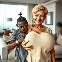 In a beautifully modern room, a 20-year-old young African woman, depicted as a short and malnourished dwarf, has very dark skin and an angry expression