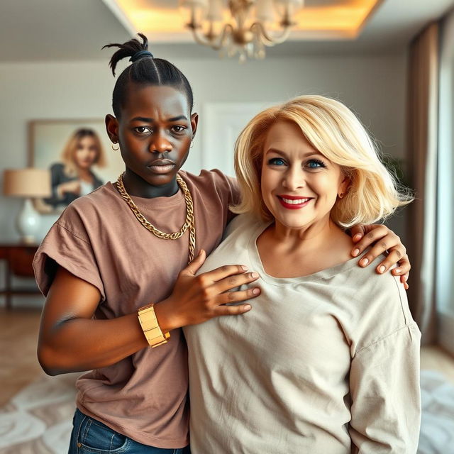 In a beautifully modern room, a 20-year-old young African woman, depicted as a short and malnourished dwarf, has very dark skin and an angry expression