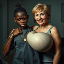 In a dimly lit room, a 20-year-old young African woman, depicted as a short and malnourished dwarf, displays very dark skin and an angry expression