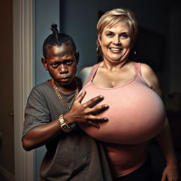 In a dimly lit room, a 20-year-old young African woman, depicted as a short and malnourished dwarf, displays very dark skin and an angry expression