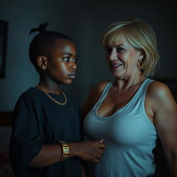 In a dimly lit room, a 20-year-old young African woman, characterized as a short and malnourished dwarf with very dark skin, has an angry expression on her face