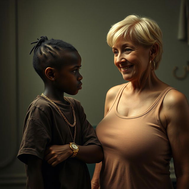In a dimly lit room, a 20-year-old young African woman, characterized as a short and malnourished dwarf with very dark skin, has an angry expression on her face
