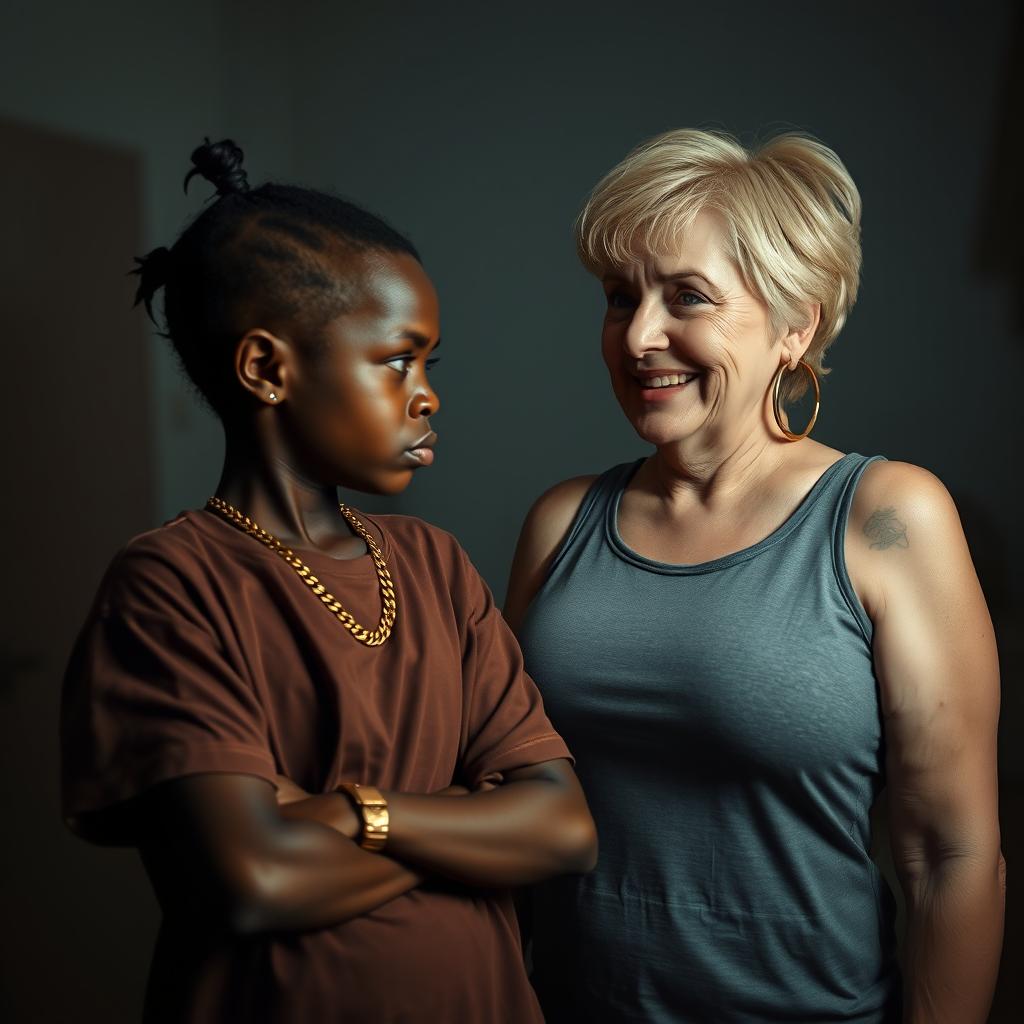 In a dimly lit room, a 20-year-old young African woman, characterized as a short and malnourished dwarf with very dark skin, has an angry expression on her face