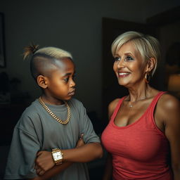 In a dimly lit room, a 20-year-old young African woman, characterized as a short and malnourished dwarf with very dark skin, has an angry expression on her face