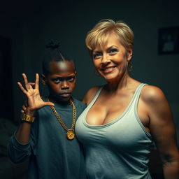 In a dimly lit room, a 20-year-old young African woman, characterized as a short and malnourished dwarf with very dark skin, has an angry expression on her face