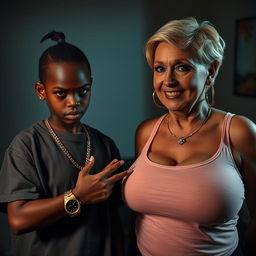 In a dimly lit room, a 20-year-old young African woman, characterized as a short and malnourished dwarf with very dark skin, has an angry expression on her face