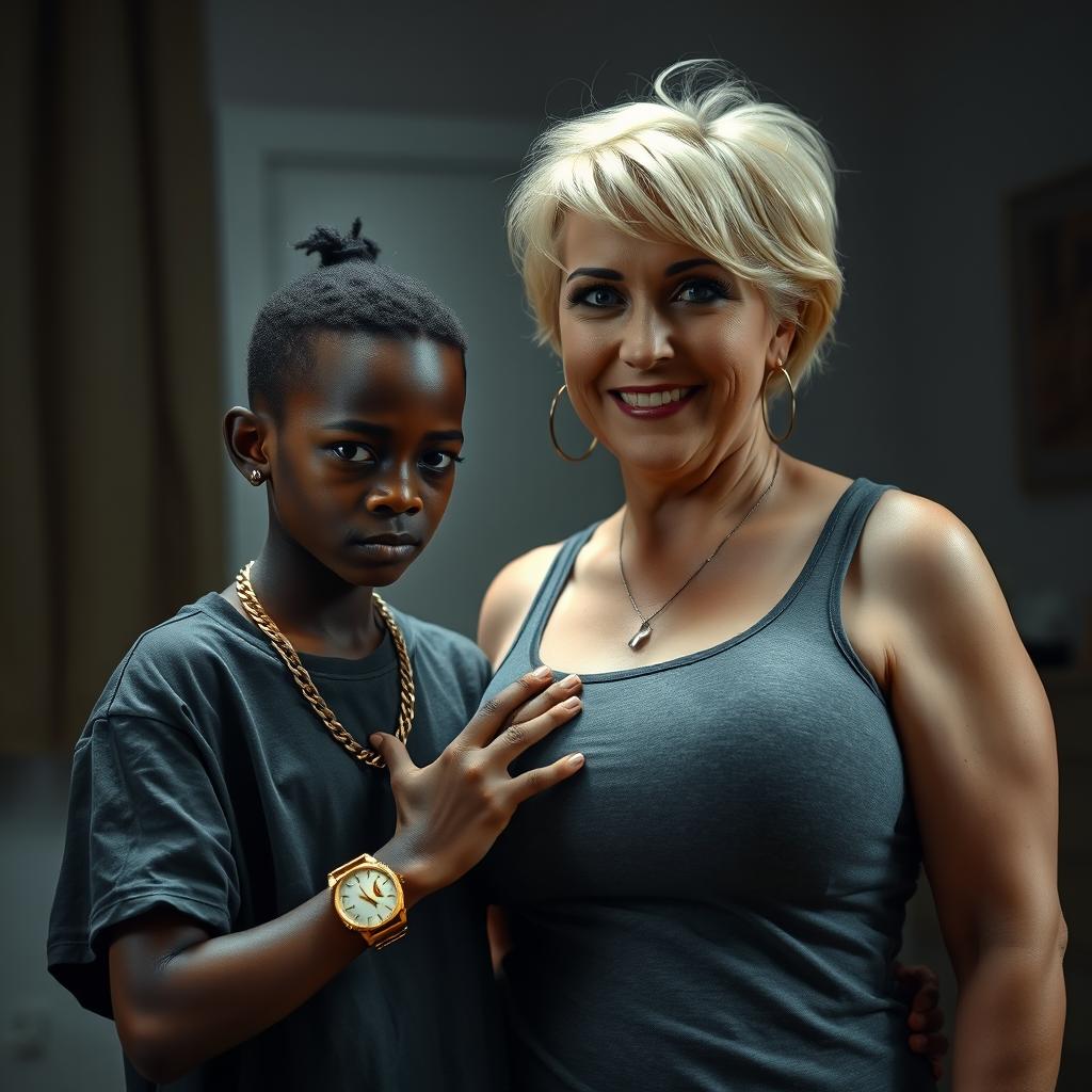 In a dimly lit room, a 20-year-old young African woman, characterized as a short and malnourished dwarf with very dark skin, has an angry expression on her face