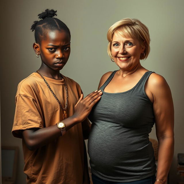 In a basic room setting, a 20-year-old young African woman, characterized as a short and malnourished dwarf with very dark skin, has an angry expression on her face