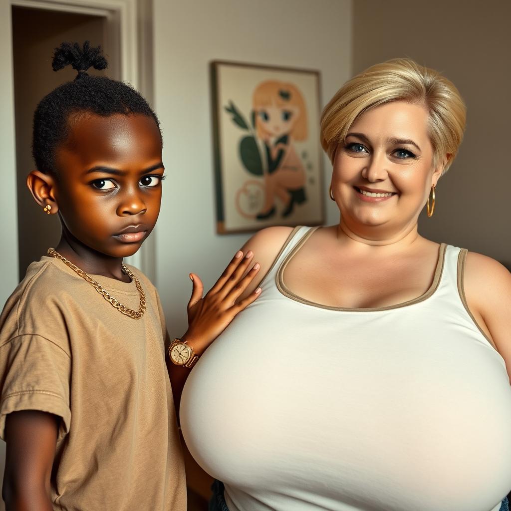 In a basic room setting, a 20-year-old young African woman, characterized as a short and malnourished dwarf with very dark skin, has an angry expression on her face