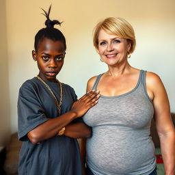 In a basic room setting, a 20-year-old young African woman, characterized as a short and malnourished dwarf with very dark skin, has an angry expression on her face