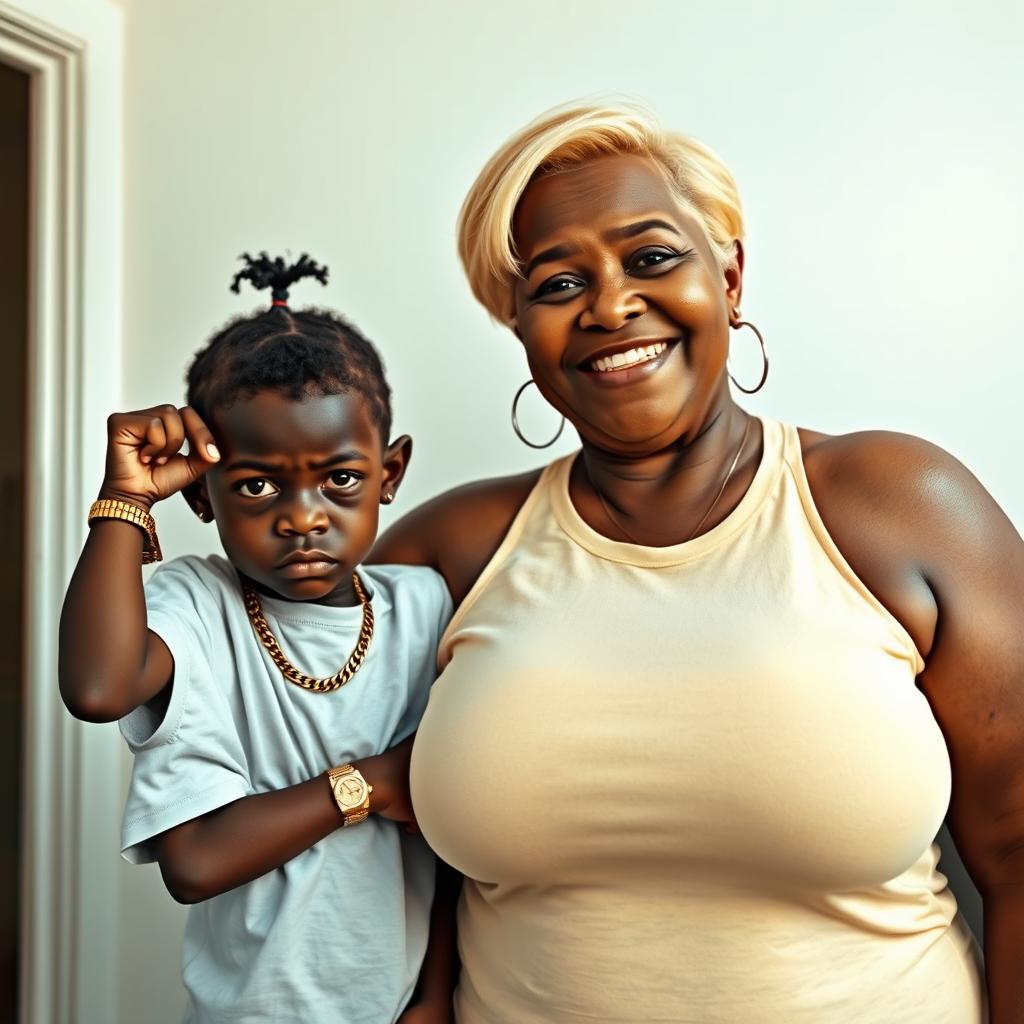 In a basic room setting, a 20-year-old young African woman, characterized as a short and malnourished dwarf with very dark skin, has an angry expression on her face