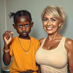 In a basic room setting, a 20-year-old young African woman, characterized as a short and malnourished dwarf with very dark skin, has an angry expression on her face