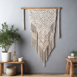 A rustic, natural-looking macrame wall art piece, skillfully handcrafted with stunning intricate designs, hung on a plain wall for contrast.