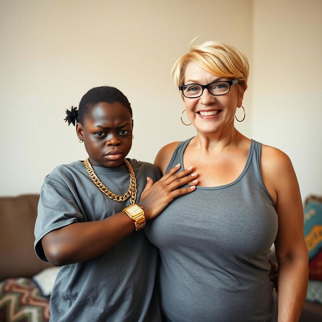 In a basic room setting, a 20-year-old young African woman, described as a short and malnourished dwarf with very dark skin, has an angry expression on her face
