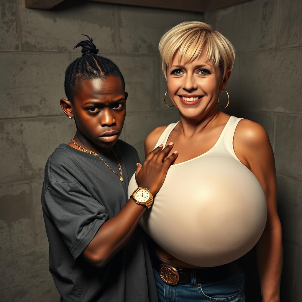 In a basement environment, a 20-year-old young African woman, characterized as a short and malnourished dwarf with very dark skin, exhibits an angry expression on her face